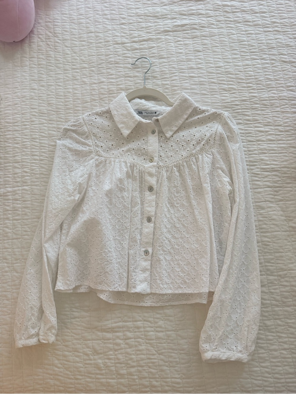 Zara White Eyelet Button-Down Shirt